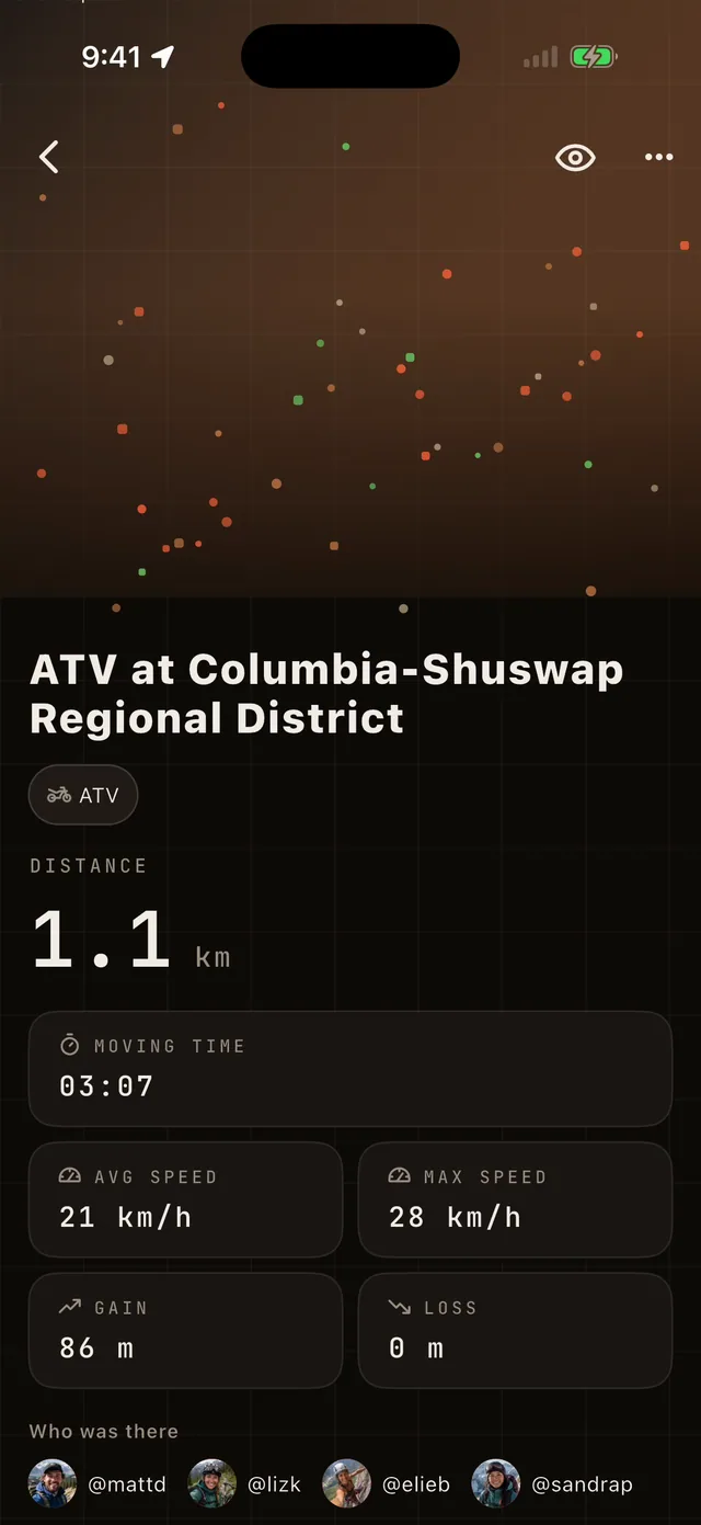 The ride summary after finishing, with distance, moving time and elevation