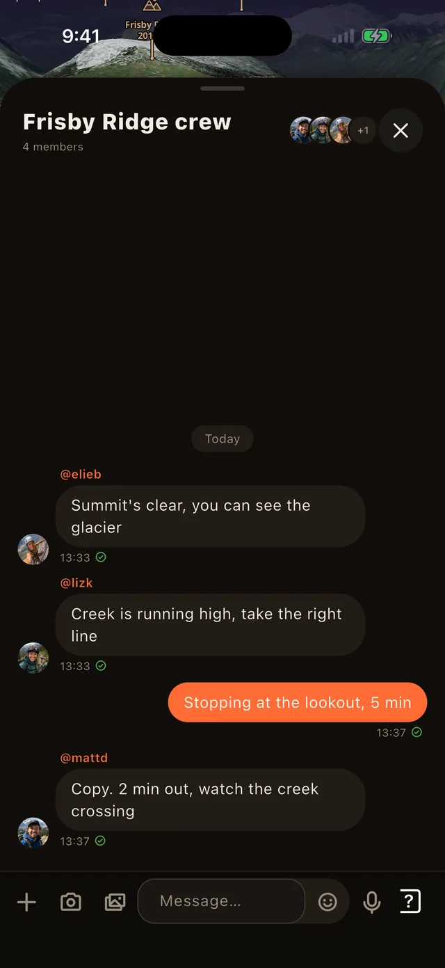 Group chat screen with mesh-delivered messages between the crew