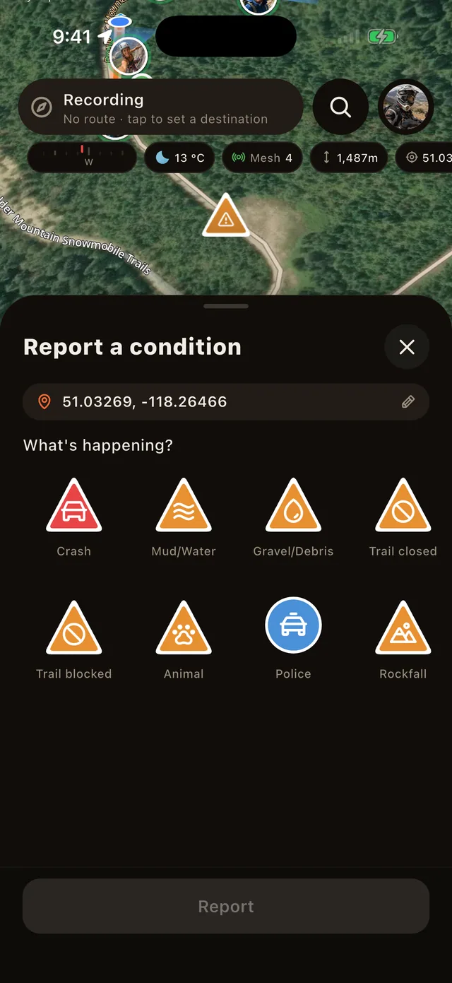 Aventerra's Report a condition sheet: hazard categories from crash to rockfall, over the map