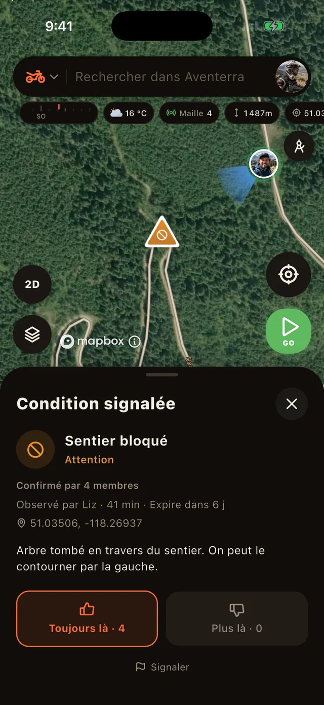 Un signalement de danger avec ses votes Toujours là et Plus là