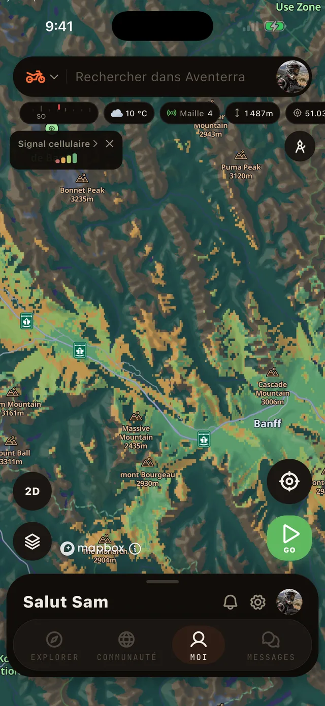 La couche Signal cellulaire sur la carte Aventerra, écran complet du téléphone