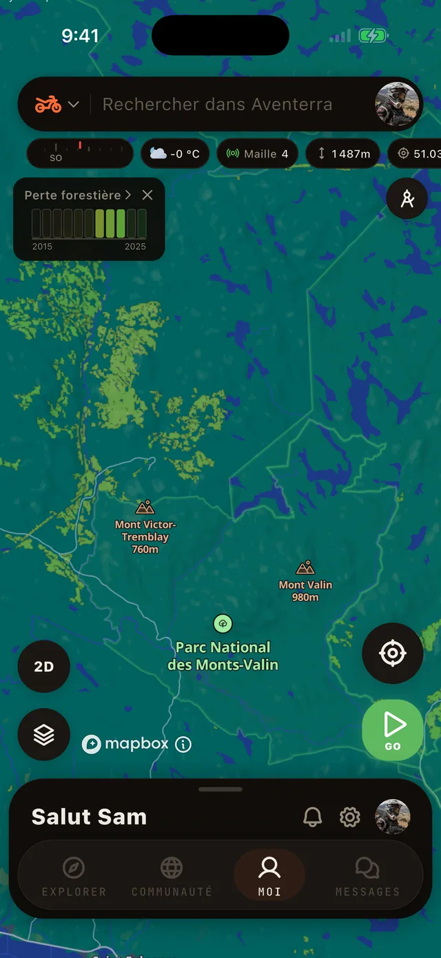 La couche Perte forestière sur la carte Aventerra, écran complet du téléphone
