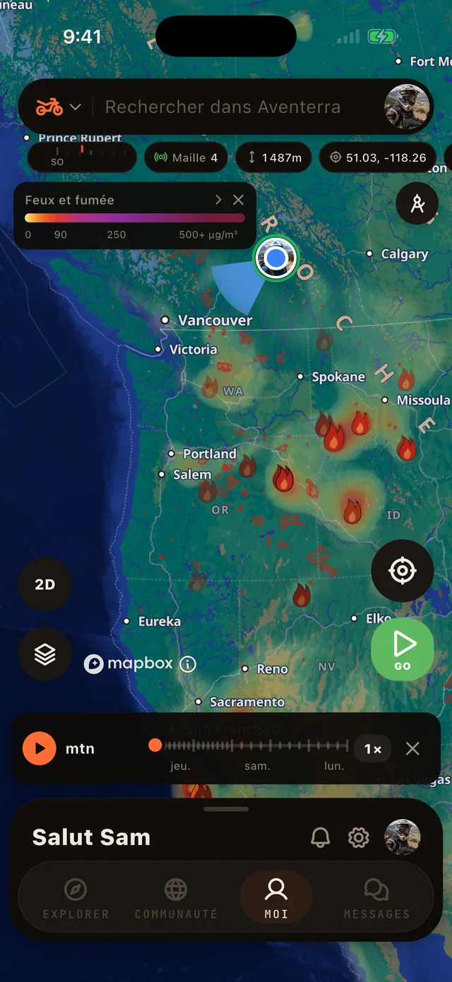 La couche Feux et fumée sur la carte Aventerra, écran complet du téléphone