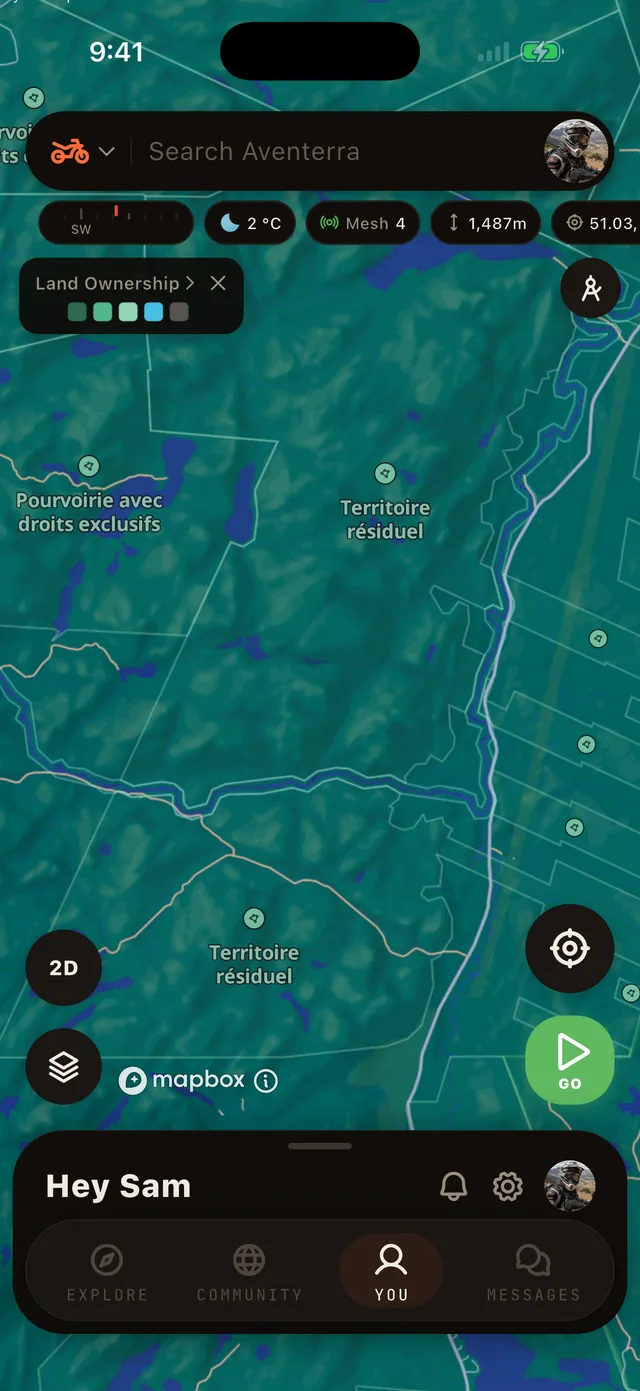 The Land Ownership layer on the Aventerra map, full phone screen