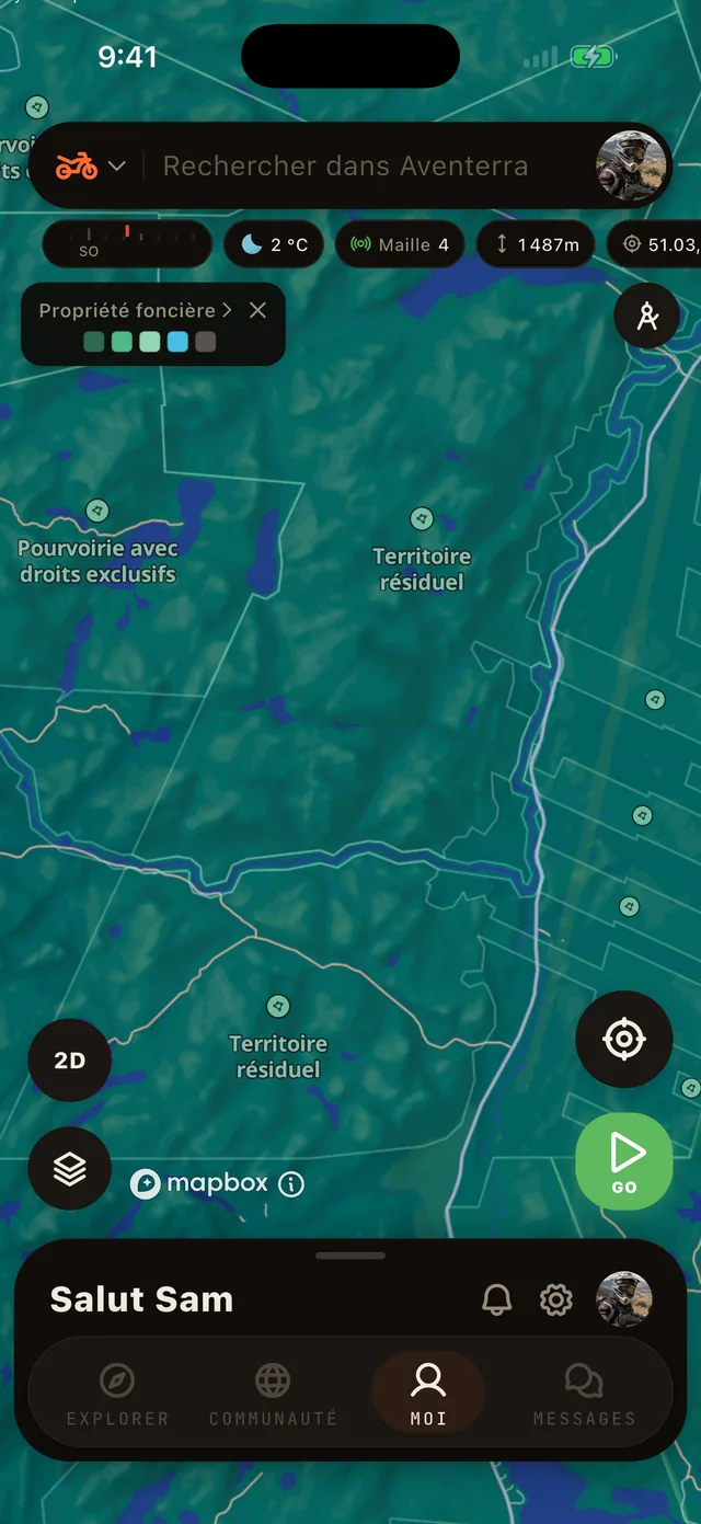 La couche Propriété foncière sur la carte Aventerra, écran complet du téléphone
