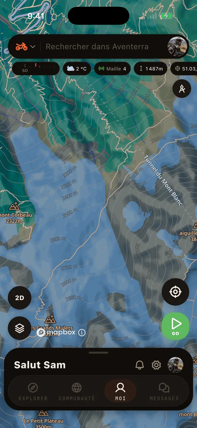 La couche Topo sur la carte Aventerra, écran complet du téléphone