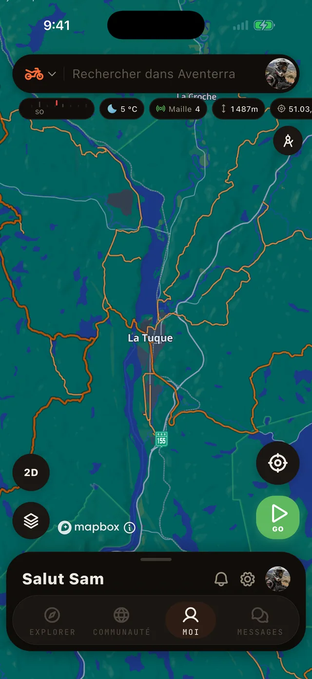 La couche Sentiers de quad sur la carte Aventerra, écran complet du téléphone