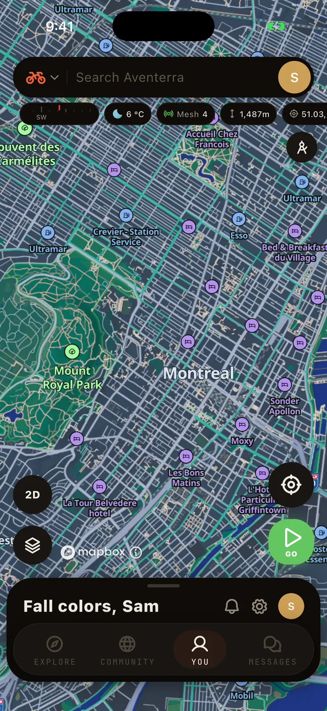 The Road Bike Network layer on the Aventerra map, full phone screen
