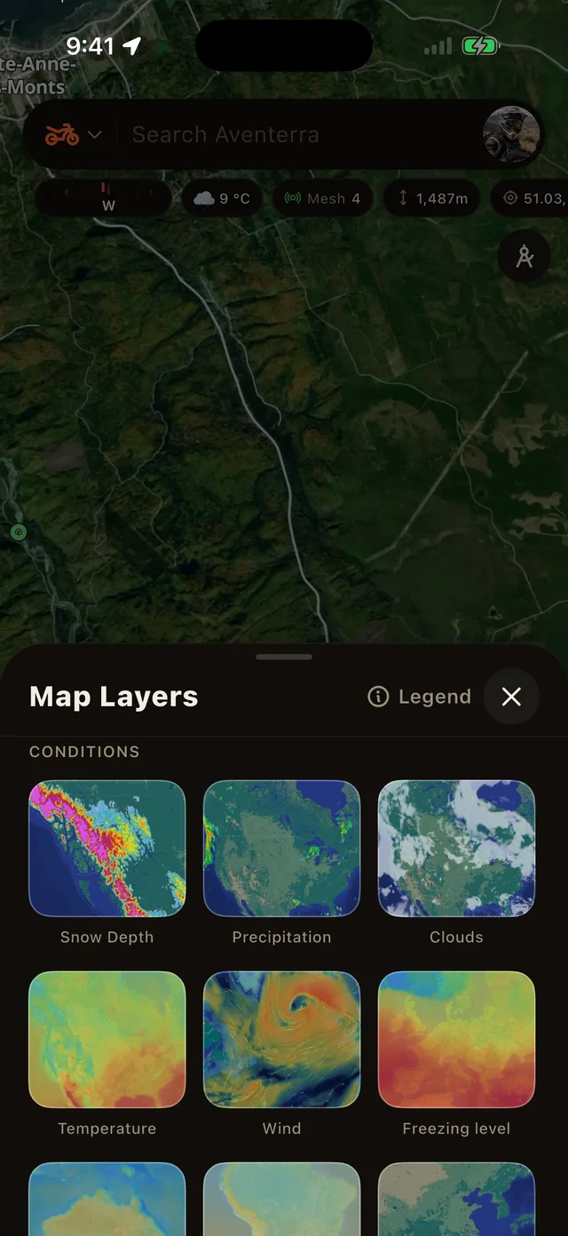 The Layers sheet with map types and overlay cards