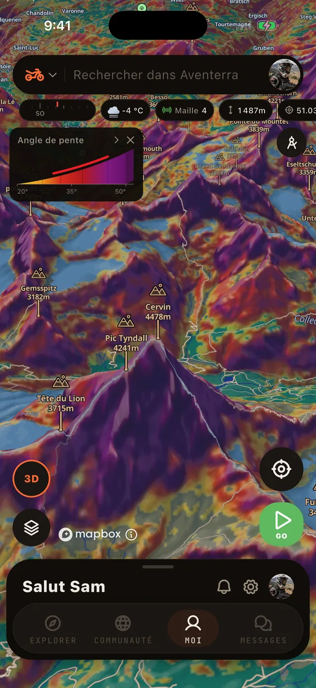 La couche Angle de pente sur la carte Aventerra, écran complet du téléphone