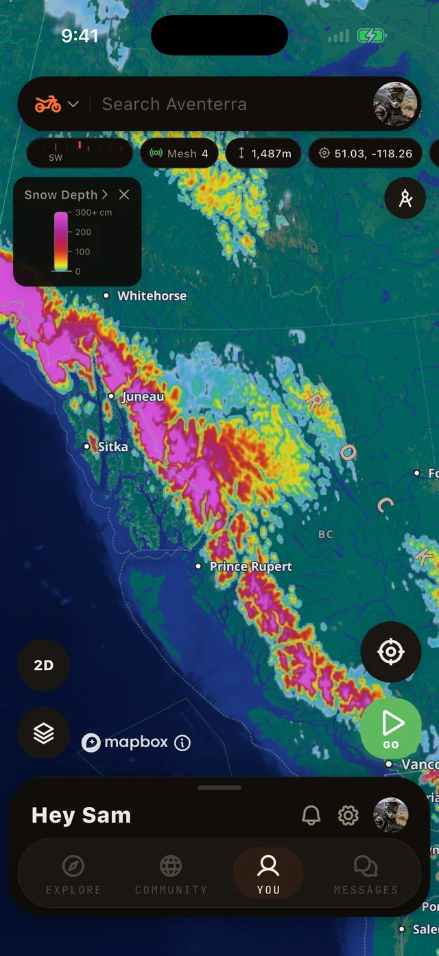 The Snow Depth layer on the Aventerra map, full phone screen
