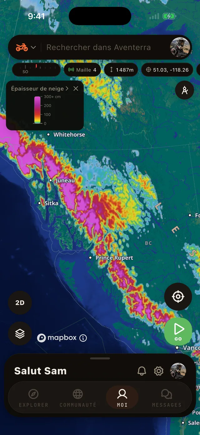 La couche Épaisseur de neige sur la carte Aventerra, écran complet du téléphone