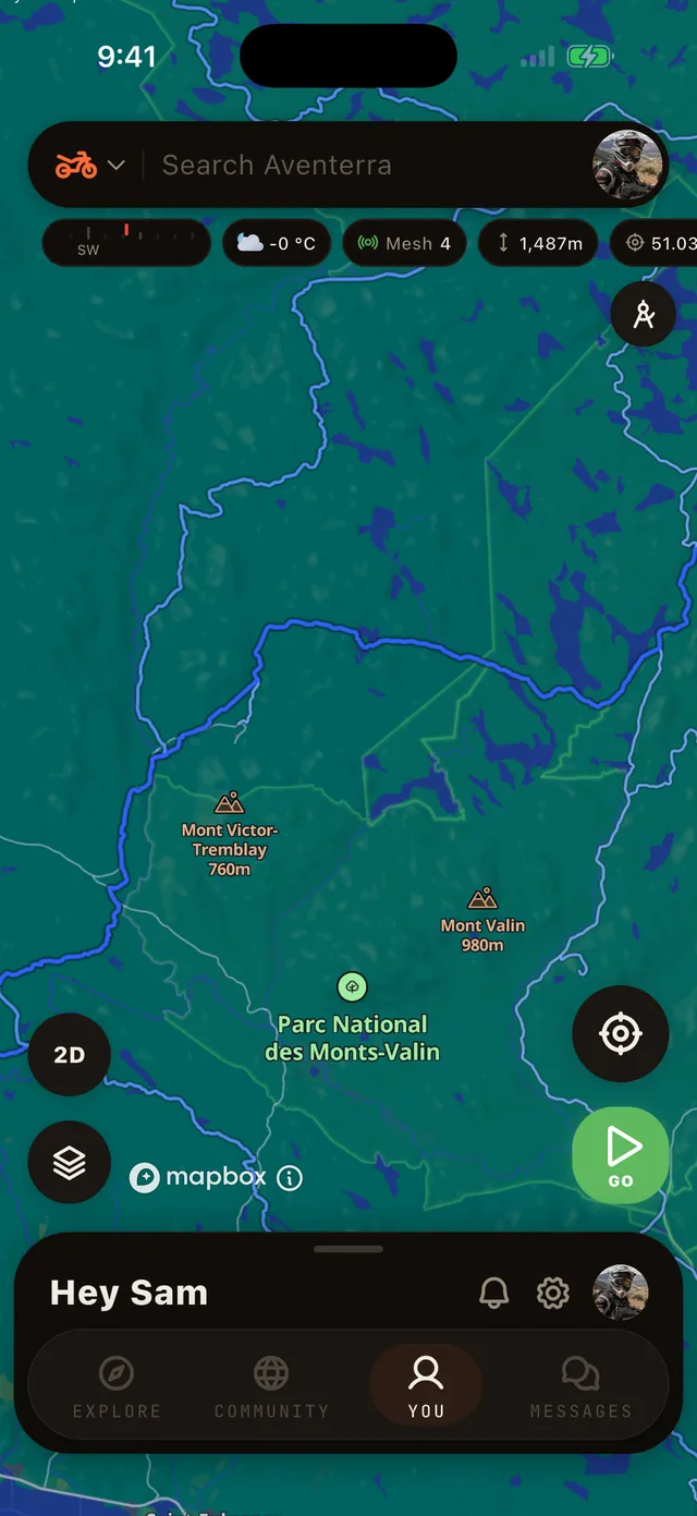 The Snowmobile Trails layer on the Aventerra map, full phone screen