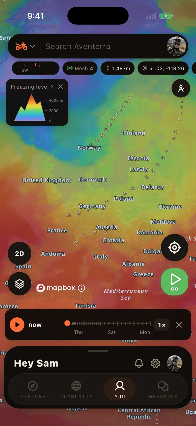 The Freezing level layer on the Aventerra map, full phone screen