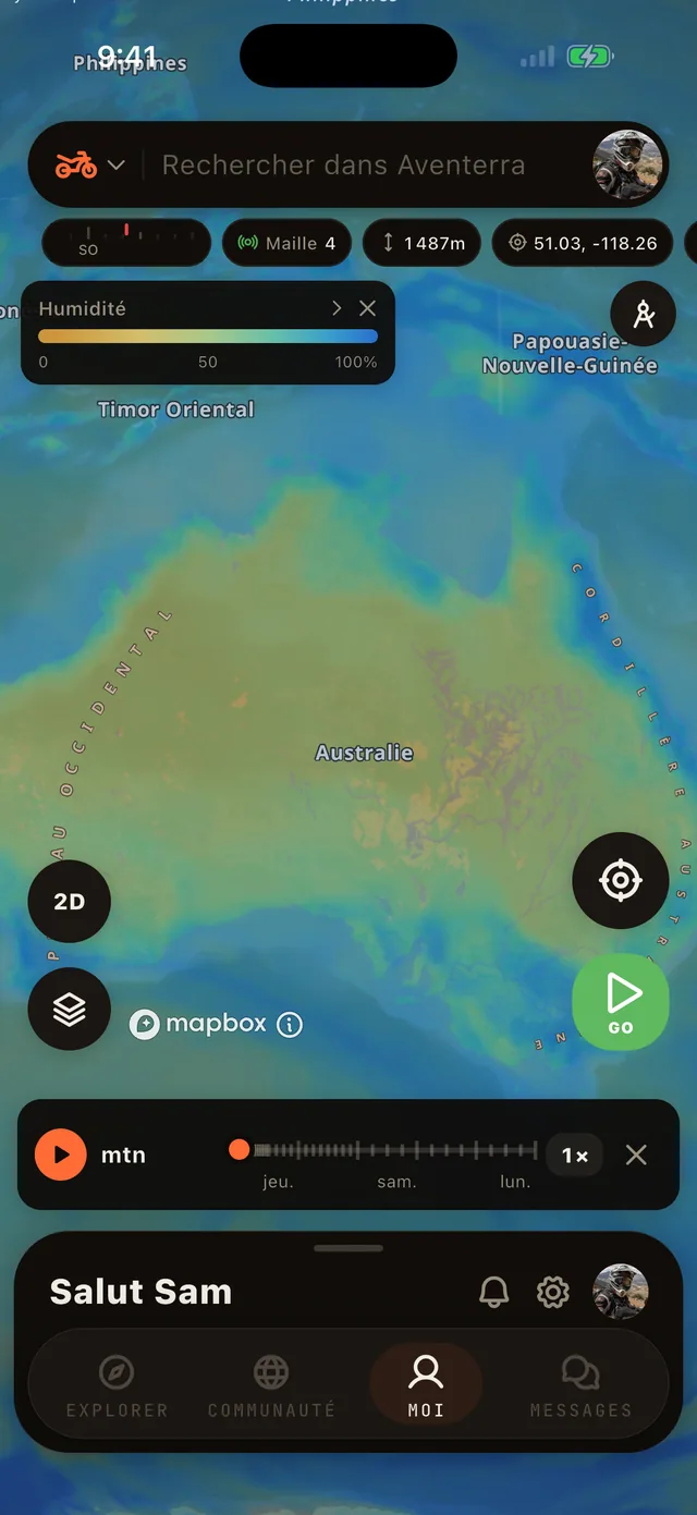 La couche Humidité sur la carte Aventerra, écran complet du téléphone