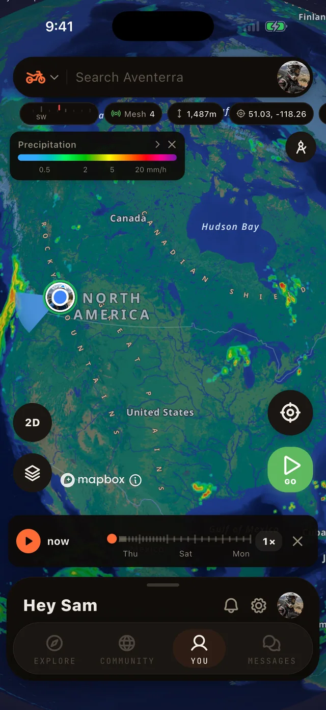 The Precipitation layer on the Aventerra map, full phone screen