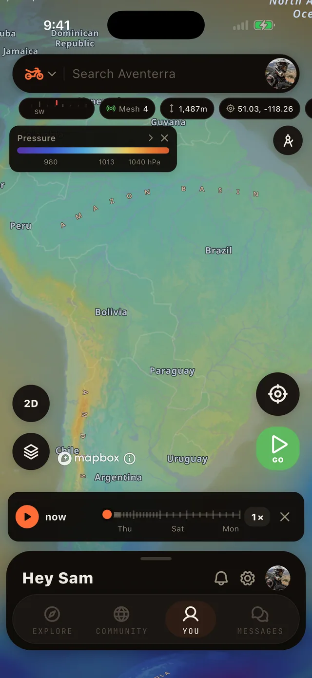 The Pressure layer on the Aventerra map, full phone screen