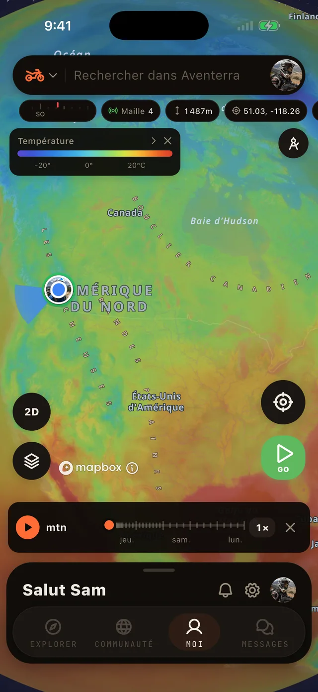 La couche Température sur la carte Aventerra, écran complet du téléphone