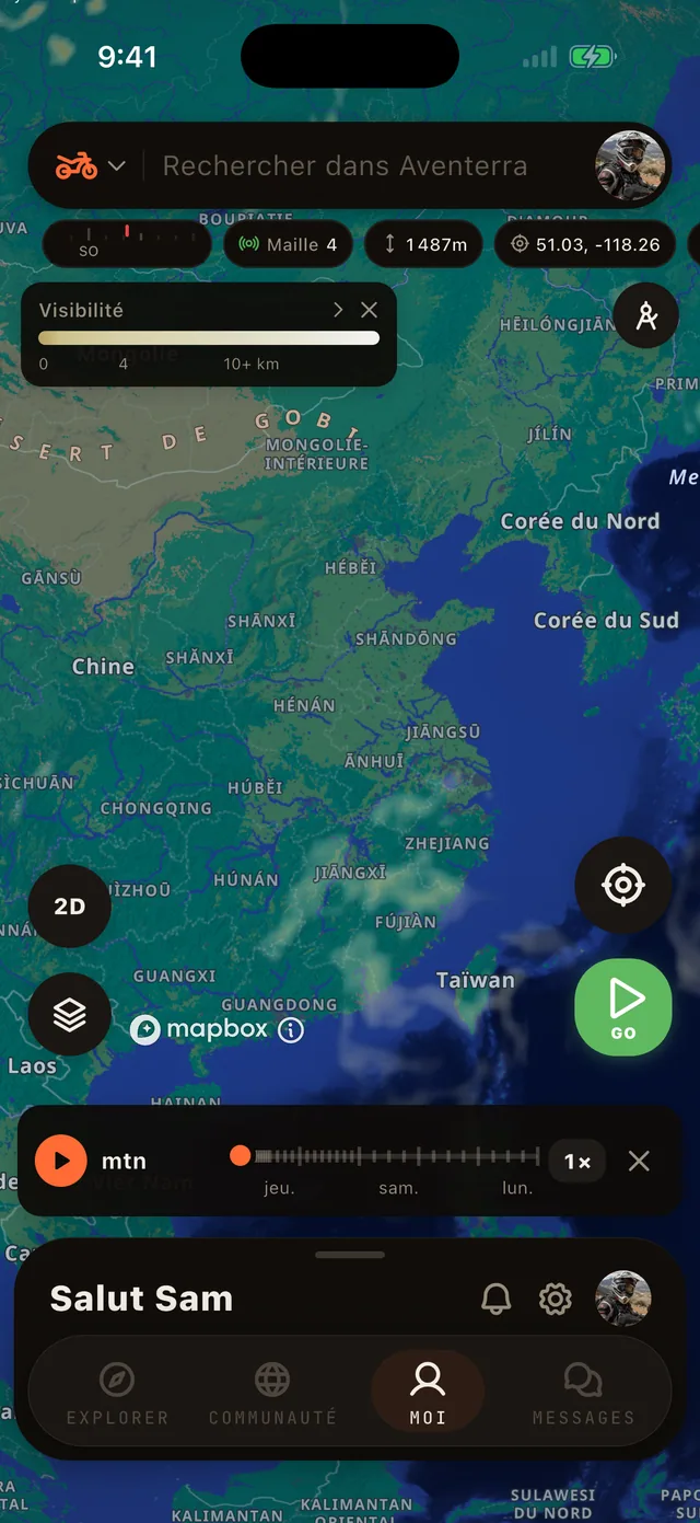 La couche Visibilité sur la carte Aventerra, écran complet du téléphone