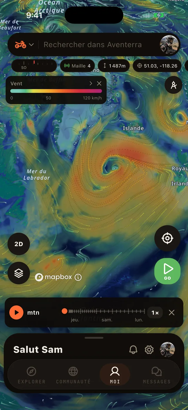 La couche Vent sur la carte Aventerra, écran complet du téléphone