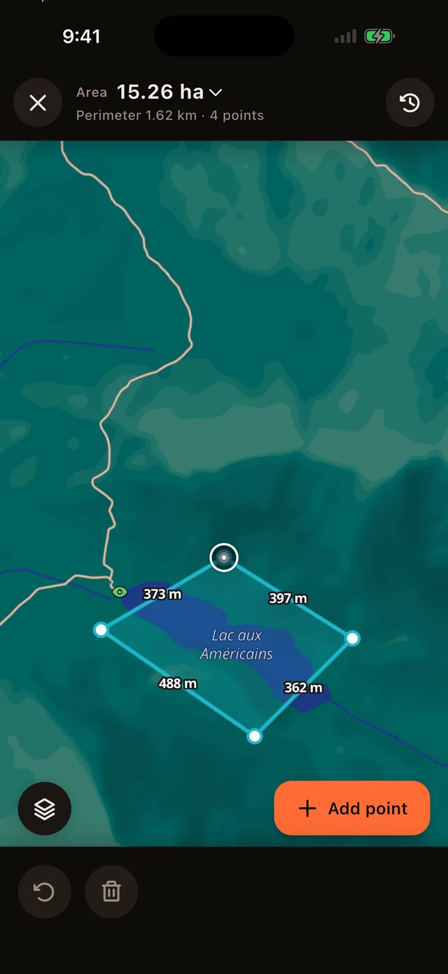 An area traced around a lake, with its area and perimeter