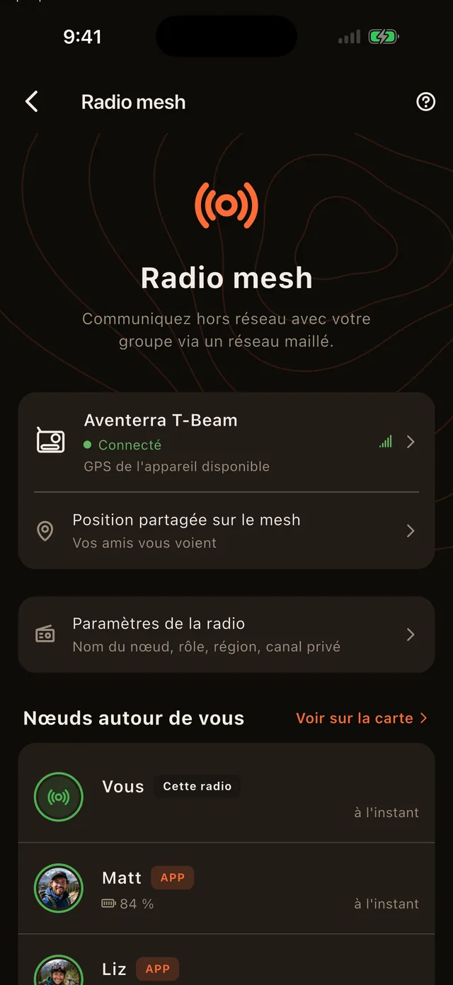 Écran de radio maillée montrant un T-Beam jumelé et les pairs qu'il rejoint