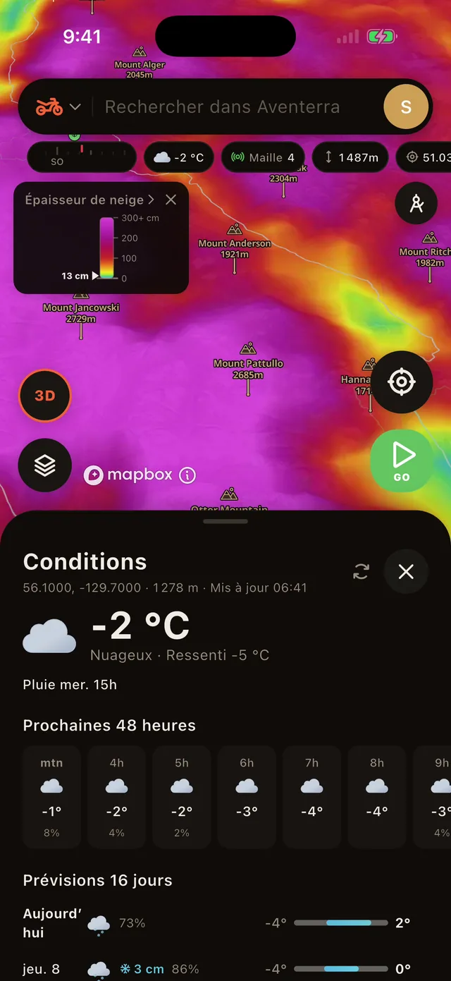 La fiche Conditions d'un point touché, avec les 48 prochaines heures et les prévisions sur 16 jours, sur la couche Épaisseur de neige