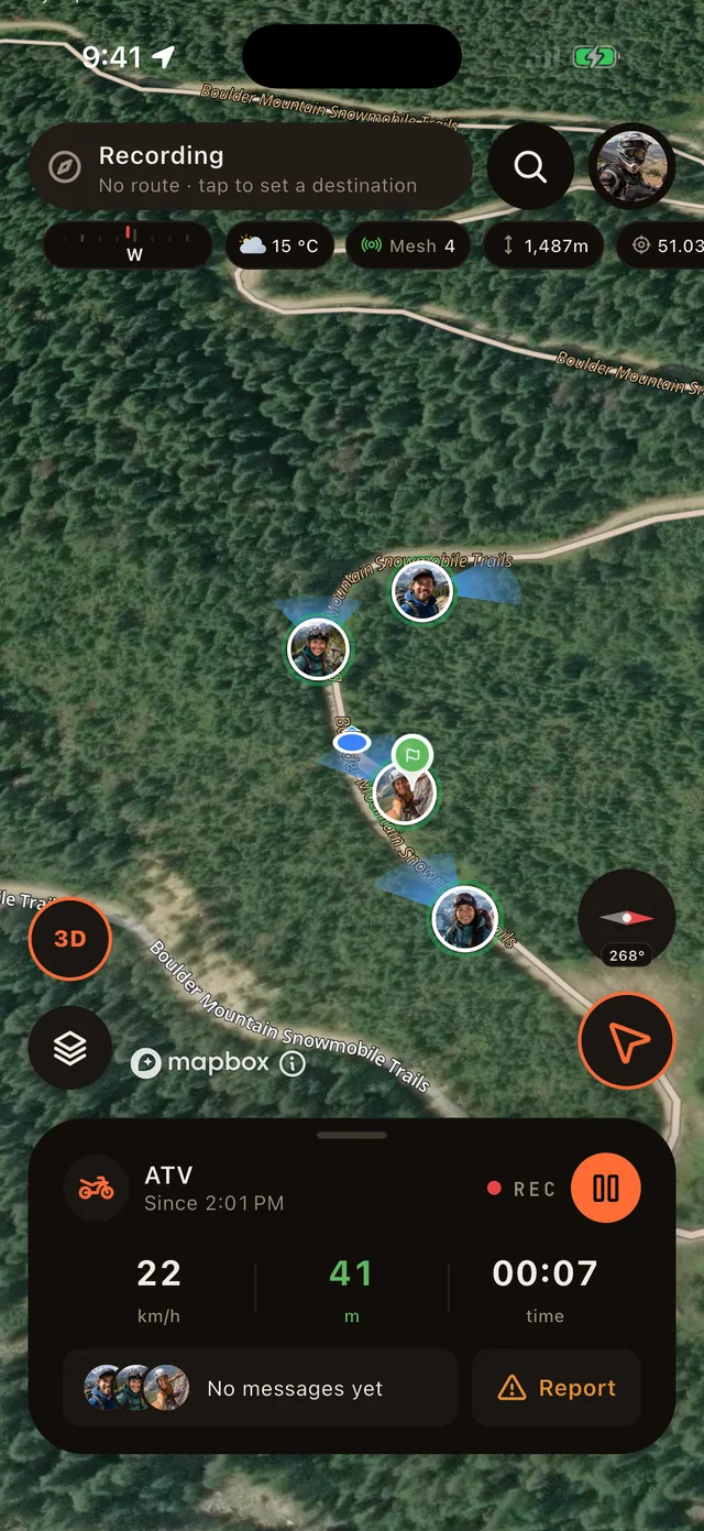 Live ride screen with speed, distance and elapsed time over the recorded trail