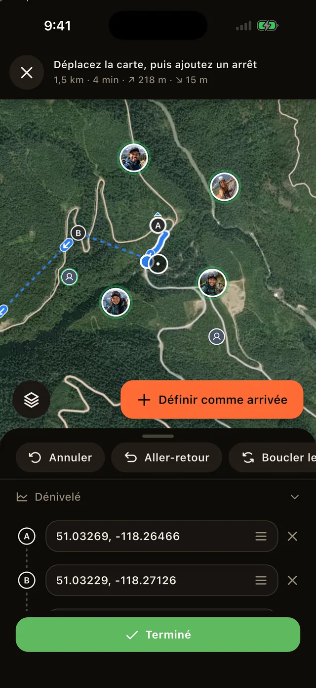 Le constructeur d'itinéraire trace un itinéraire sur la zone téléchargée
