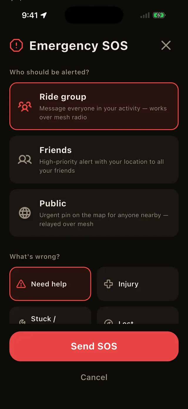 The SOS screen: a large red button that sends your position and an alert to everyone on the mesh