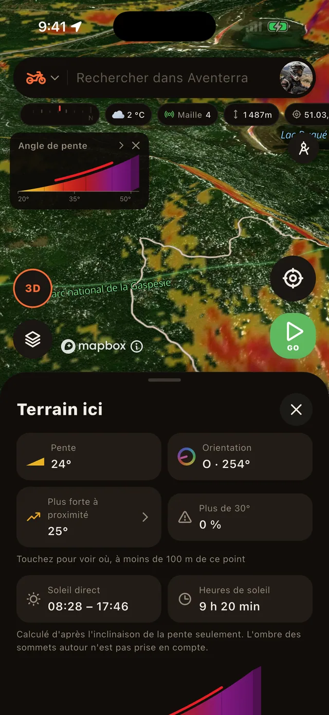 La fiche terrain d'un point touché : pente, altitude, fenêtre d'ensoleillement et le terrain le plus raide à proximité
