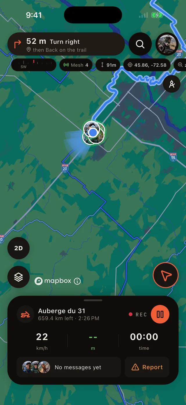 Following a route on Quebec's trails, with a turn card for a right turn in 52 m at the top of the map