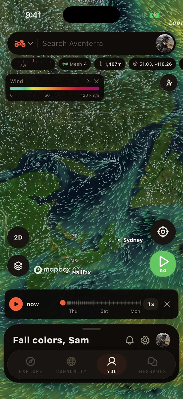 The Wind layer with the time scrubber at the bottom of the map